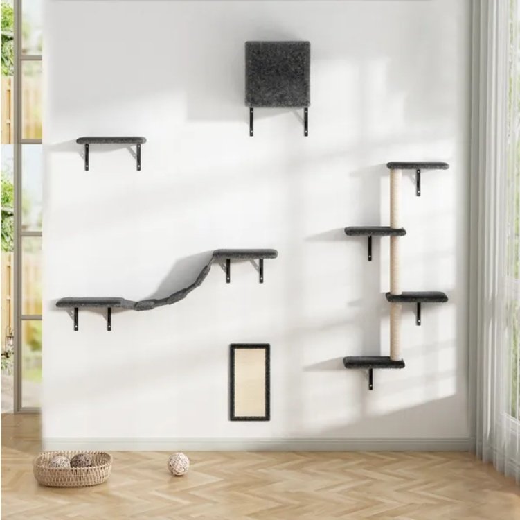 Wall-Mounted Cat Climber Set (5-Piece) – Floating Cat Shelves & Perches with Scratching Posts | Modern Cat Activity Tree - Image 3