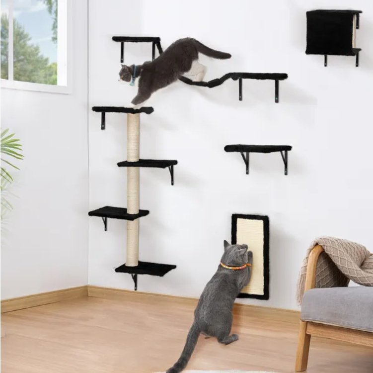 Wall-Mounted Cat Climber Set (5-Piece) – Floating Cat Shelves & Perches with Scratching Posts | Modern Cat Activity Tree - Image 2
